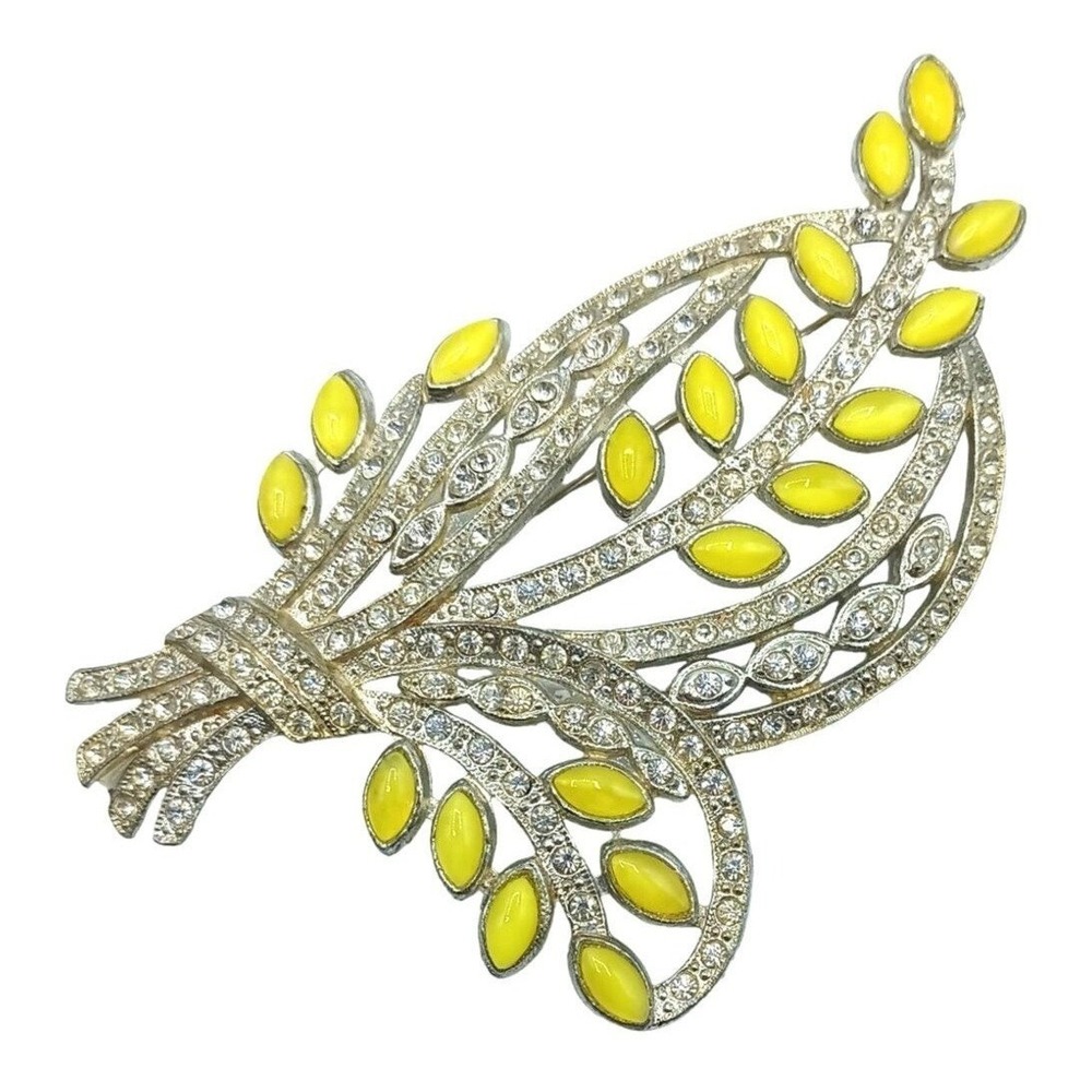 Rhinestone Brooch Floral Spray‎ Yellow Clear Stones Flower Pin Pot Metal Vintage